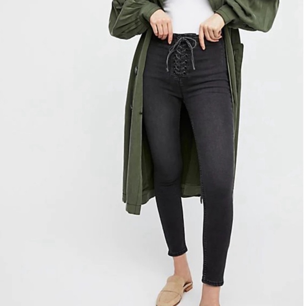 Free People ~ Lace Up Black Denim~ Sz 28 New With Tags